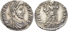 Eugenius, 392 – 394 
Reduced siliqua, Treviri 392-394, AR 1.75 g. D N EVGENI – VS P F AVG Pearl-diademed, draped and cuirassed bust r. Rev. VIRTVS [R...