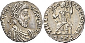 Eugenius, 392 – 394 
Reduced siliqua, Treviri 392-394, AR 1.71 g. D N EVGENI – VS P F AVG Pearl-diademed, draped and cuirassed bust r. Rev. VIRTVS [R...