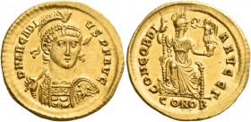 Arcadius, 383 – 408 
Solidus, Constantinopolis 397-402, AV 4.50 g. D N ARCADI – VS P F AVG Helmeted, draped and cuirassed bust facing three quarters ...