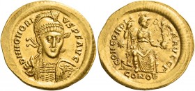 Honorius, 393 – 423 
Solidus, Constantinopolis 397-402, AV 4.43 g. D N HONORI – VS P F AVG Helmeted, pearl-diademed and cuirassed bust facing three-q...