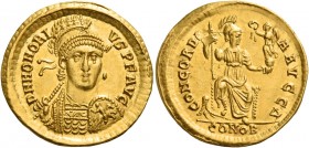 Honorius, 393 – 423 
Solidus, Constantinopolis 397-402, AV 4.41 g. D N HONORI – VS P F AVG Helmeted, pearl-diademed and cuirassed bust facing three-q...