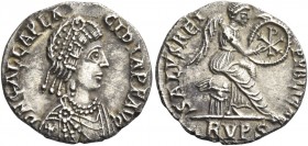 Galla Placidia, wife of Constantine III and mother of Valentinian III 
Siliqua, Ravenna circa 426-450, AR 2.22 g. D N GALLA PLA – CIDIA P F AVG Pearl...