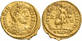 Johannes, 423 – 425 
Tremissis, Ravenna circa 423–425, AV 1.45 g. D N IOHAN – NES P F AVG Rosette-diademed, draped and cuirassed bust r. Rev. VICTORI...
