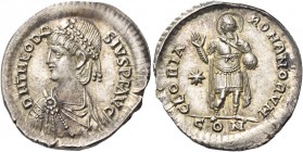 Theodosius II, 408 – 450 
Light miliarense, Constantinopolis circa 408-420, AR 4.39 g. D N THEODO – SIVS P F AVG Pearl-diademed, draped and cuirassed...