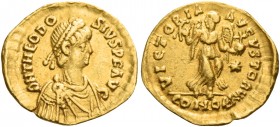 Theodosius II, 408 – 450 
Tremissis, Constantinopolis 416, AV 1.21 g. D N THEODO – SIVS P F AVG Pearl-diademed, draped and cuirassed bust r. Rev. VIC...