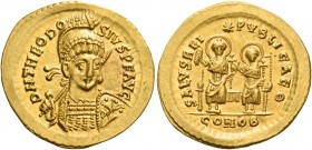 Theodosius II, 408 – 450 
Solidus, Constantinopolis 425–429, AV 4.34 g. D N THEODO – SIVS P F AVG Helmeted, pearl-diademed and cuirassed bust facing ...