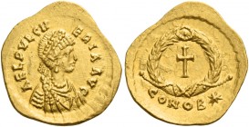 Aelia Pulcheria, sister of Theodosius II 
Tremissis, Constantinopolis circa 430-455, AV 1.48 g. AEL PVLCH – ERIA AVG Pearl-diademed and draped bust r...
