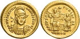Valentinian III, 425 – 455 
Solidus, Constantinopolis circa 425–429, AV 4.46 g. D N VALENTIN – IANVS P F AVG Helmeted, pearl-diademed and cuirassed b...