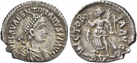 Valentinian III, 425 – 455 
Half siliqua, Ravenna circa 425-455, AR 0.91 g. DN PLA VALENTINIANVS P F AVG pearl-diademed, draped and cuirassed bust r....
