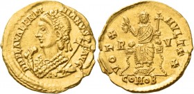 Valentinian III, 425 – 455 
Solidus, Ravenna 435, AV 4.45 g. D N PLA VALENTI – NIANVS P F AVG Rosette and pearl diademed bust l., holding mappa and l...