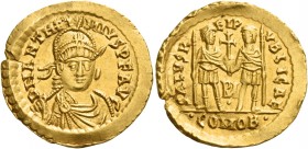 Anthemius, 467 – 472 
Solidus 468, AV 4.37 g. D N ANTHE – MIVS P F AVG Helmeted, pearl-diademed and draped bust facing three-quarters r., holding spe...