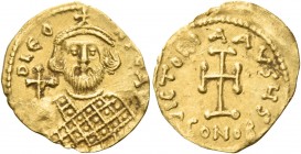 Leontius, 695-698 
Tremissis circa 695-698, AV 1.22 g. D LЄO – [N PЄ AV] Bearded bust facing, wearing loros and crown and holding globus cruciger. Re...