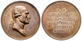 Visite à la Monnaie de Frédéric Auguste Roi de Saxonie, Paris, 1809, AG 33.15 g. 40.4 mm par Andrieu
Avers : FREDERIC AUGUSTE ROI DE SAXE ANDRIEU F DE...