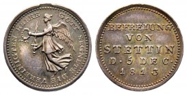 Médaillette, Berlin, 1813, AG 1.18 g. 15.3 mm
Avers : GOTT SEGNETE DIE VEREININGTEN HEERE
Revers : BEFREIUNG VON STETTIN D 5 DEC 1813
Ref : Bramsen 22...