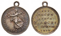 Prise de La Fère, 1814, AG 1.53 g. 15.3 mm
Revers : BEI MACON DURCH BIANCHI D. 13 MAERZ 1814
Ref : Bramsen 1347, Julius 2835
Superbe