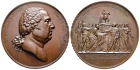 Arrivée de Louis XVI à Calais, Paris, 1814, AE 93.85 g. 68.3 mm par Galle
Avers : LVDOVICVS XVIII FRANC ET NAV REX au-dessous GALLE FECIT
Revers : ILL...