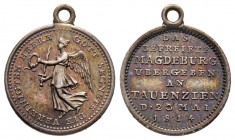 Petite médaillette en argent, 1814, AG 1.48 g. 15.3mm 
Revers : DAS BEFREITE MAGDEBURG UBERGEBEN AN TAUENZIEN D 23 MAI 1814
Ref : Bramsen 1419, Julius...
