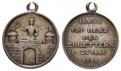 Médaillette Magdeburg, 1814, AG 1.39 g. 15.6 mm. 
Revers : HAN UND HERZ DEN ERRETTERN D 24 MAI 1814
Ref : Bramsen 1420, Julius 2944, Sommer A 165 57
T...