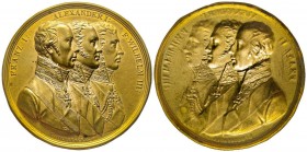 Cliché uniface, Paris, 1815, Bronze doré 13.6 g. 65.5 mm par Heuberger
Avers : FRANZ I ALEXANDER I F WILHELM III
Ref : Bramsen 1501, Julius 3105
FDC