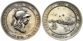 Médaille en argent, Naples, 1806, AG 32.17 g. 39.9 mm par Frères Costanza
Avers : FERDINANDUS IV D G SICILIARUM REX FF C S
Revers : MERITO ET FIDEI CA...