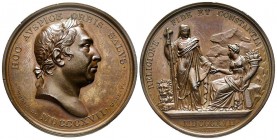 Médaille dediée à George III, Birmingham, 1817, AE 37.81 g. 41.1 mm par Webb & Depaulis
Avers : HOC AVSPICE ORBIS SALVS,Tête laurée à droite; à l'exer...