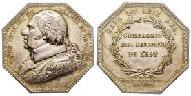 Jeton octagonal, Compagnie des salines, Paris, 1806 (frappé en 1815), AG 16.43 g. 30.9 mm 
Avers : LOUIS XVIII ROI DE FRANCE ET DE NAVARRE 
Revers : B...