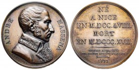 Général Massena (1758-1817), Paris, 1822, AE 35.75 g. par Gatteaux
Avers : ANDRE MASSENA Buste à droite, au-dessous E GATTEAUX
Revers : NÉ A NICE EN M...