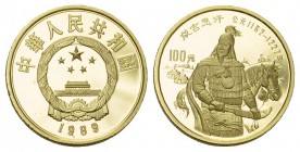 CHINA Volksrepublik seit 1949 (B) 100 Yuan 1989 (11,40 g), Chingis Khan. In Schatulle mit Originalzertifikat. Fr:27,KM:252 Gold