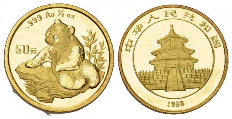 CHINA Volksrepublik 50 Yuan 1998. Panda. 1/2 Unze. Large Date. KM 1129. Fr. B5. ...