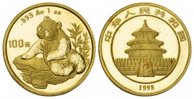 CHINA Volksrepublik seit 1949 (B) 100 Yuan 1998, Panda auf Felsen sitzend Fr:B4, KM:1130, leichte Hairlines Gold FDC