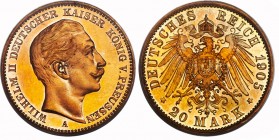 PREUSSEN Wilhelm II., 1888-1918. 20 Mark 1905 A. Polierte Platte, min. Berieben (J. 252A) Prachtexemplar in PR 64 CAM Proof
