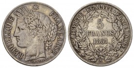 FRANKREICH 2. Republik, 1848-1852. 5 Francs 1851, Paris. 25.02 g. Gadoury 719. Dav. 93. Kl. Kr. Gutes sehr schön vorzüglich.