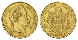 Frankreich Napoleon III. 1852-1870. 20 Francs 1866 BB, Straßburg. 6,45 g. 900/1000. KM 801.2 gutes vorzüglich +