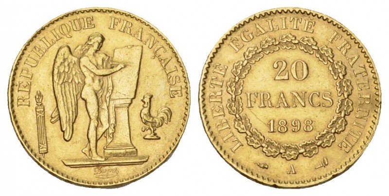 KÖNIGREICH 3. Republik, 1870-1940. 20 Francs 1898 A, Paris. 5,81 g Feingold. Fb....