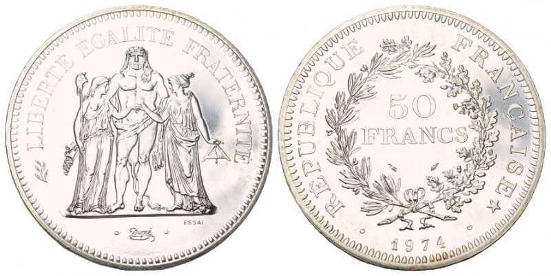 Frankreich 50 Francs 1974. Probe (Essai) in Silber,30.2g KM E 117 nach dem Model...