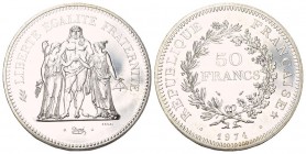 Frankreich 50 Francs 1974. Probe (Essai) in Silber,30.2g KM E 117 nach dem Modell von A. Dupré, 29,90 g. Gadoury 882. Kabinettstück mit prachtvoller P...