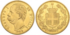 ITALIEN. KÖNIGREICH ITALIEN. Umberto I., 1878-1900. 50 Lire 1888, Rom. 14,52 g Feingold. Fb. 19, Pagani 573, Schl. 61. GOLD. Sehr selten, besonders in...