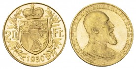 LIECHTENSTEIN. Franz I. 1929-1938. 20 Franken 1930. 6.45 g. Divo 124. HMZ 2-1383a. Fr. 15. FDC / Uncirculated.