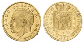 LIECHTENSTEIN. Franz Josef II. 1938-1989. 10 Franken 1946. 3.21 g. Divo 130. HMZ 2-1389. Fr. 18. FDC / Uncirculated.