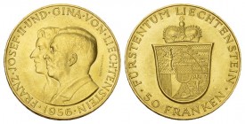 Liechtenstein Franz Josef II. 1938-1989. 50 Franken 1956 zum 50. Geburtstag. 11.4 g. 900/1000 Divo 77 Fb. 21 selten bis unzirkuliert
