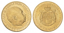 FRANZ JOSEPH II. 1938-1990 25 Franken 1961 a.d. 100.Jahrestages d. Liechtensteiner Landesbank Friedb. 23 Divo 138 unzirkuliert