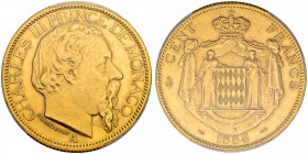 MONACO Charles III, 1856-1889. 100 Francs 1884 A, Paris. Gadoury 122, Schl. 4, Fr. 11. 32.30 g. PCGS MS 61 unzirkuliert