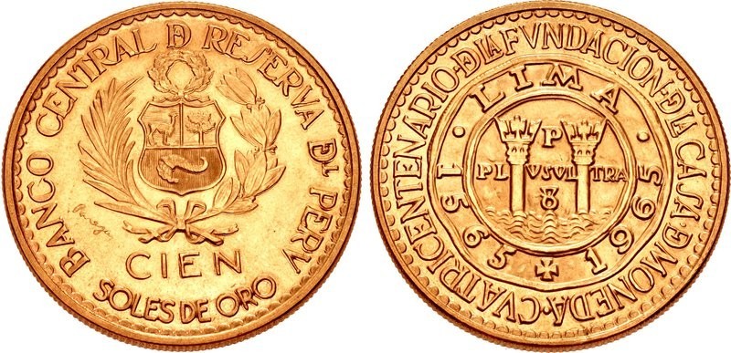 Peru Republik seit 1821 100 Soles 1965. 400 Jahre Münze Lima. 46,81 g. 900/1000 ...