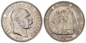 Franz Joseph 1848-1916 5 Korona 1907 KB, Krönungsjubiläum Silber 24g KM 2807 selten vorzüglich