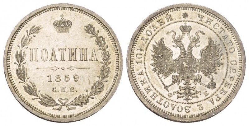 Russland 1859 Poltina 1/2 Rubel Silber 10.5g St.Petersburg Bitkin 97 bis unzirku...