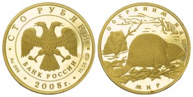 RUSSISCHE FÖDERATION. 100 Rubel 2008. Europäischer Biber. 15,55 g fein.Auflage: 1000 Stück. RR! Gold!Proof in Kapsel