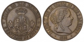 Spanien 1866 OM 5 5 Centimes in Kupfer KM 635.1 selten 
vorzüglich bis unzirkuliert