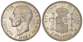 Spanien 1882 5 Pesetas in Silber 25g seltene Erhaltung KM 688 
sehr schön bis vorzüglich