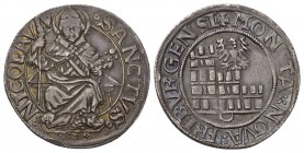 Fribourg, Stadt. AR Dicken o.J. (um 1650) (29 mm, 9.62 g). Av. MONETA NOVA FRIBVRGENSI, Adler über Burg. Rv. SANCTVS NICOLAV, Der thronende heilige Ni...