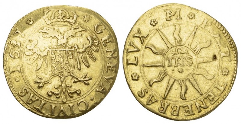 GENF Stadt. Quadruple (Vierfacher Ecu pistolet) 1637. 13,10 g. * GENEVA * CIVITA...